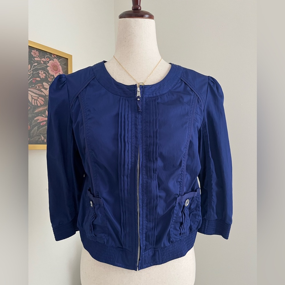WHBM Royal Blue Cropped Utility Jacket Puff Sleeve Contemporary Feminine